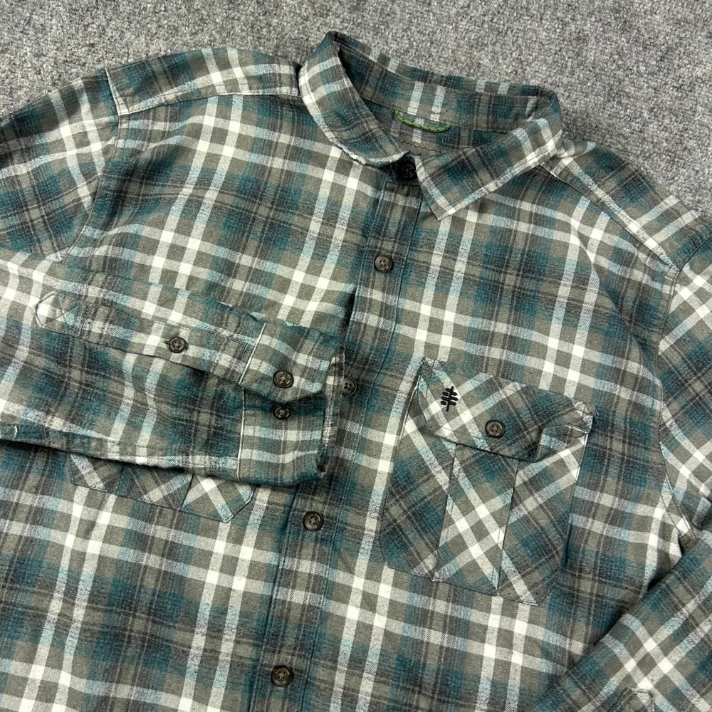 Royal Robbins‎ Lost Coast Flannel Mens Large Teal Gray Plaid Button Down Shirt